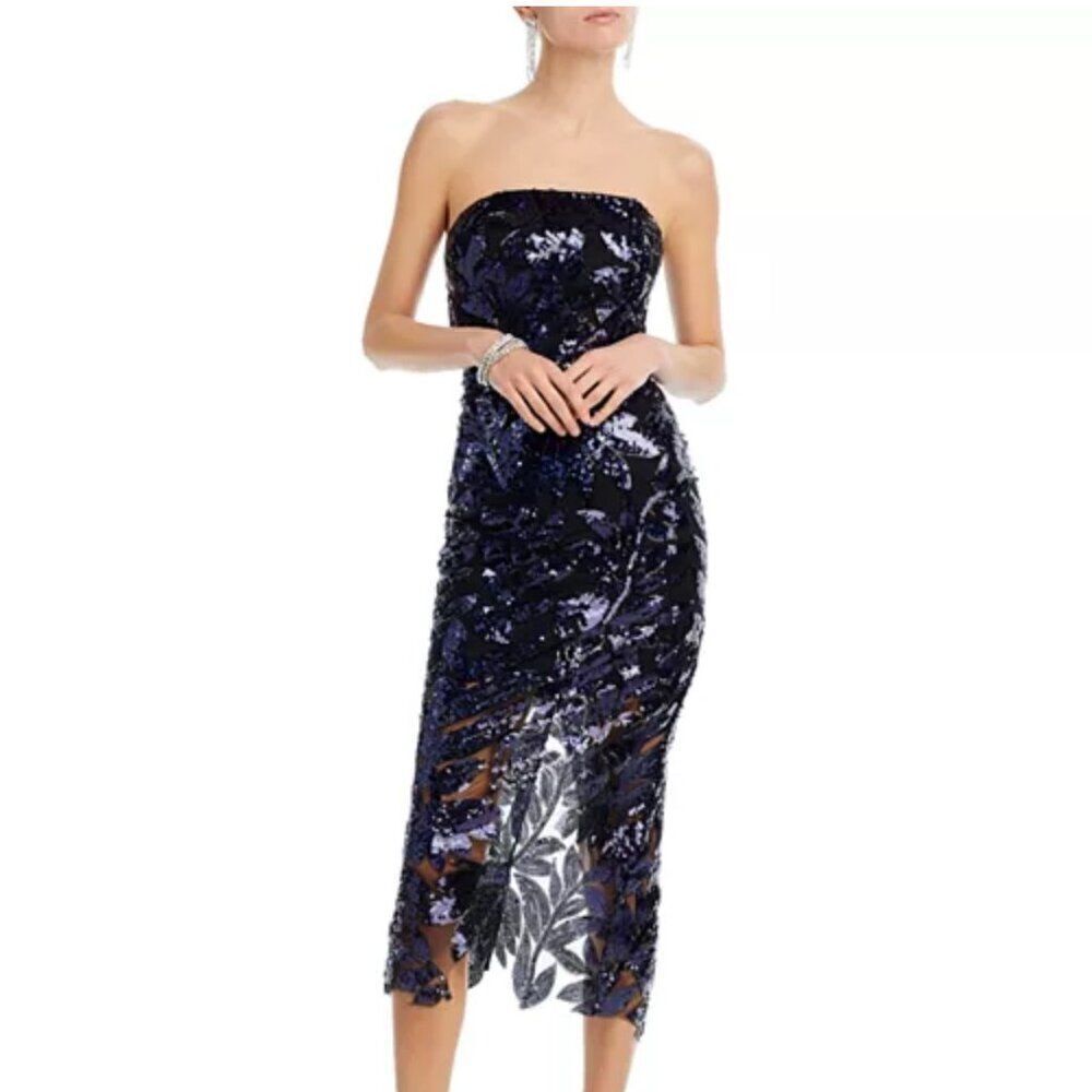 MILLY Kait Strapless Floral Sequinned Navy Gown Midi Dress Size 6 NEW‎ WITH TAG
